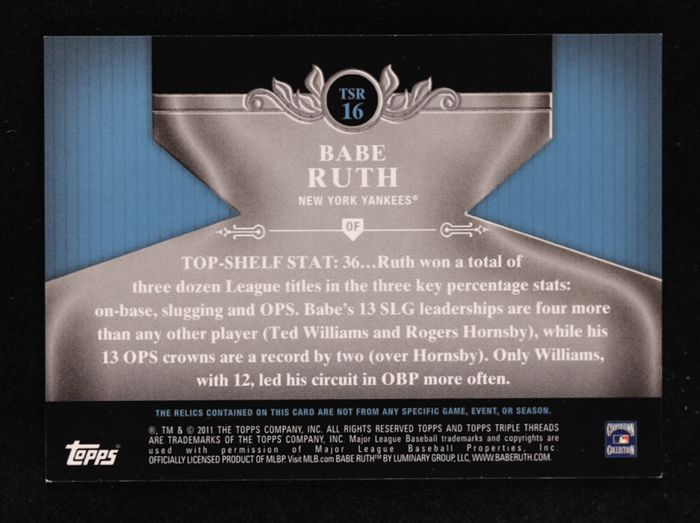 Babe Ruth 2011 Topps Tier One Top Shelf Relics #TSR16 #309/399 at PristineAuction.com Babe Ruth 2011 Topps Tier One Top Shelf Relics #TSR16 #309/399 at PristineAuction.com