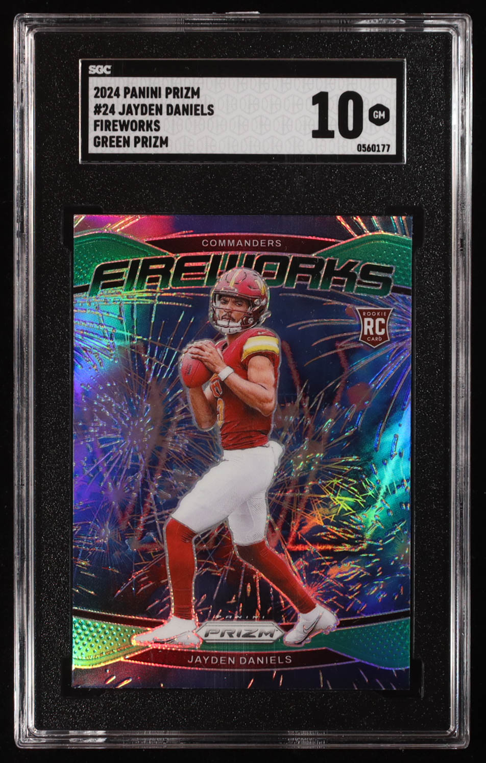Jayden Daniels 2024 Panini Prizm Fireworks Prizms Green #24 RC (SGC 10) at PristineAuction.com Jayden Daniels 2024 Panini Prizm Fireworks Prizms Green #24 RC (SGC 10) at PristineAuction.com