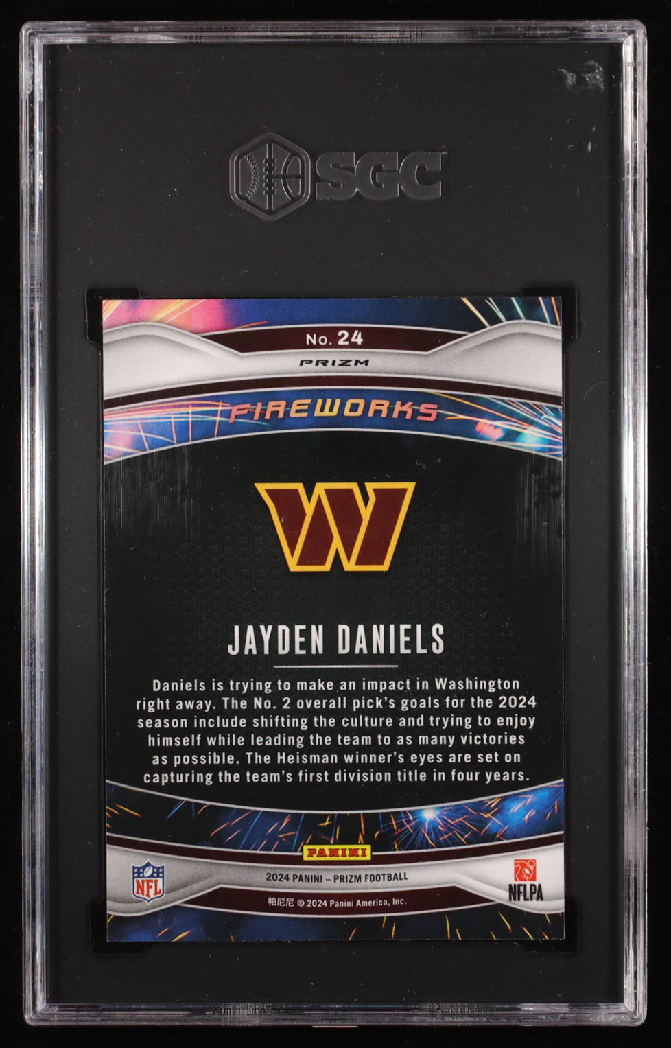 Jayden Daniels 2024 Panini Prizm Fireworks Prizms Green #24 RC (SGC 10) at PristineAuction.com Jayden Daniels 2024 Panini Prizm Fireworks Prizms Green #24 RC (SGC 10) at PristineAuction.com