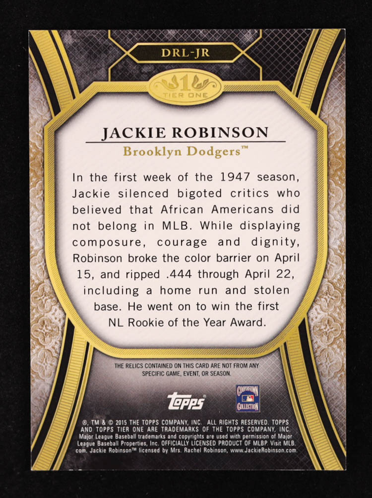 Jackie Robinson 2015 Topps Tier One Legends Dual Relics #TORLJR #15/25 at PristineAuction.com Jackie Robinson 2015 Topps Tier One Legends Dual Relics #TORLJR #15/25 at PristineAuction.com