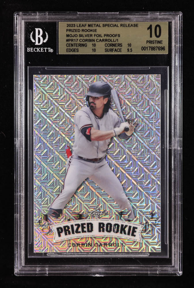 Corbin Carroll 2023 Leaf Metal Special Release Prized Rookie Mojo Silver Foil Proofs #PR17 RC #1/1 (BGS 10) at PristineAuction.com Corbin Carroll 2023 Leaf Metal Special Release Prized Rookie Mojo Silver Foil Proofs #PR17 RC #1/1 (BGS 10) at PristineAuction.com