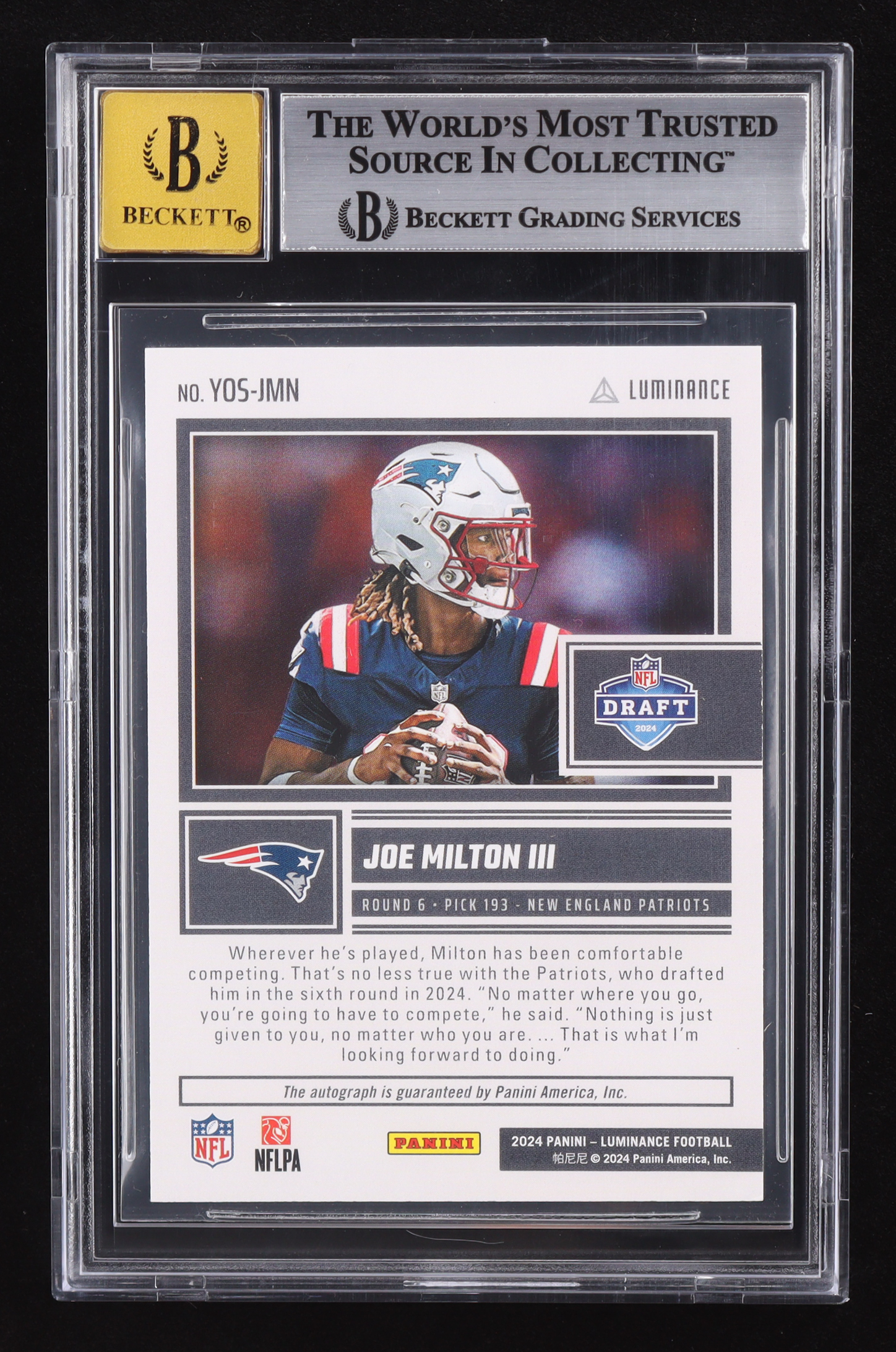 Joe Milton III 2024 Panini Luminance Year One Signatures #4 RC (BGS 9 | Autograph Graded BGS 10) at PristineAuction.com Joe Milton III 2024 Panini Luminance Year One Signatures #4 RC (BGS 9 | Autograph Graded BGS 10) at PristineAuction.com