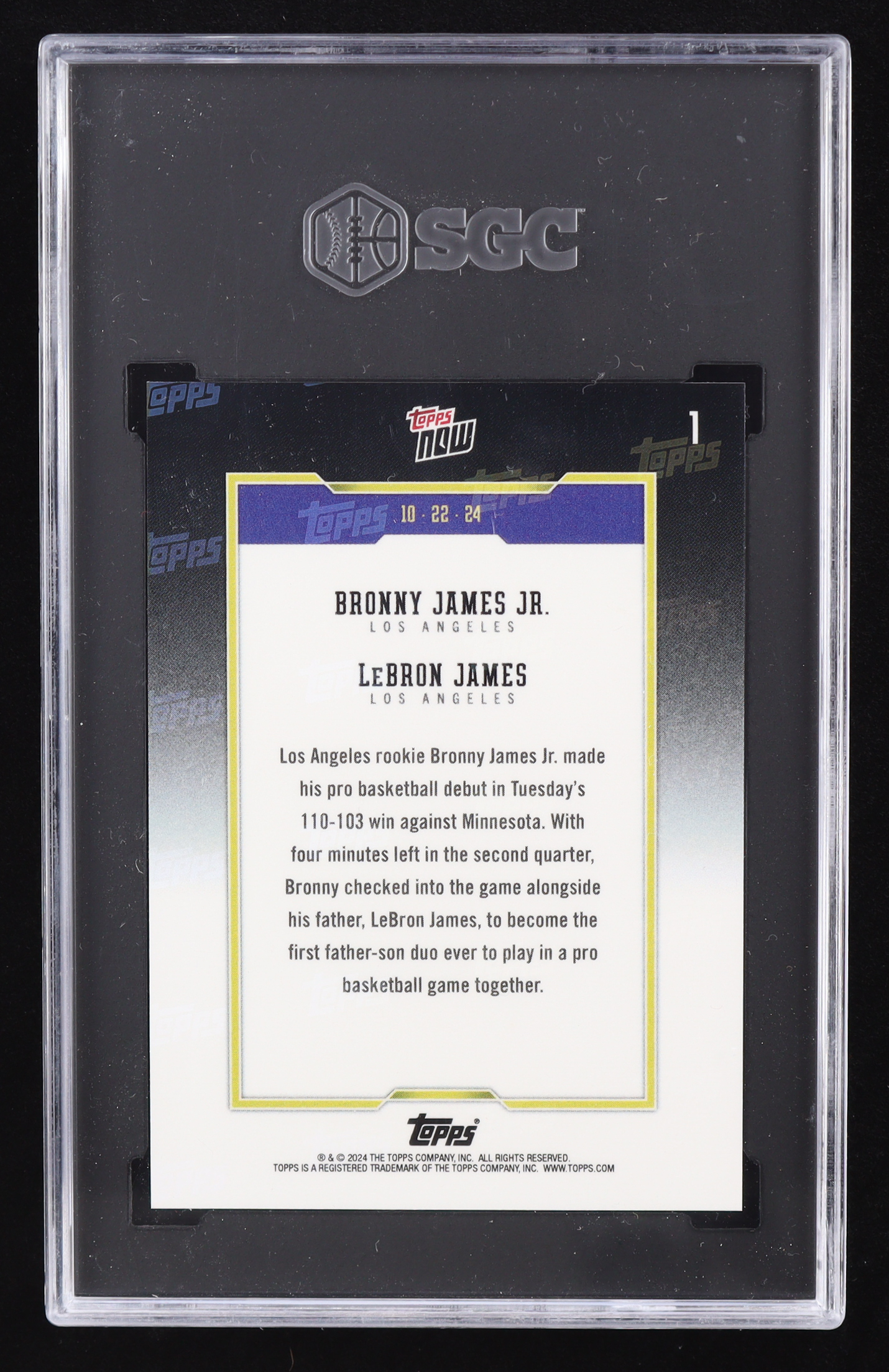 Bronny James Jr. RC / LeBron James 2024-25 Topps Now #1 (SGC 10) at PristineAuction.com Bronny James Jr. RC / LeBron James 2024-25 Topps Now #1 (SGC 10) at PristineAuction.com