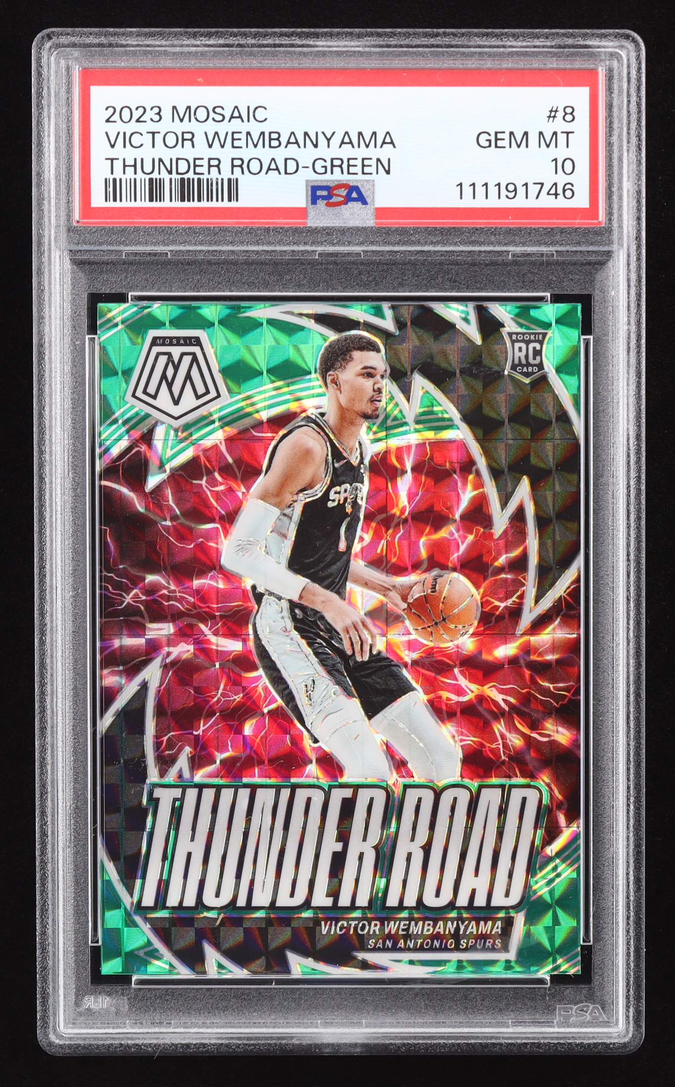 Victor Wembanyama 2023-24 Panini Mosaic Thunder Road Mosaic Green #8 RC (PSA 10) at PristineAuction.com Victor Wembanyama 2023-24 Panini Mosaic Thunder Road Mosaic Green #8 RC (PSA 10) at PristineAuction.com