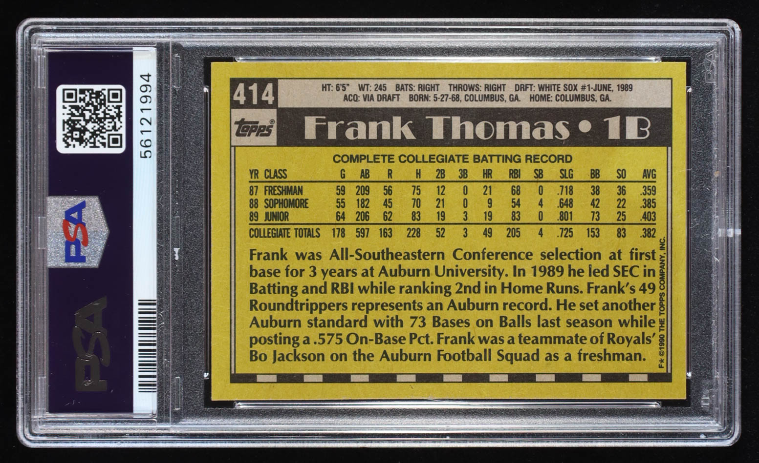 Frank Thomas 1990 Topps #414 RC (PSA 9) at PristineAuction.com Frank Thomas 1990 Topps #414 RC (PSA 9) at PristineAuction.com