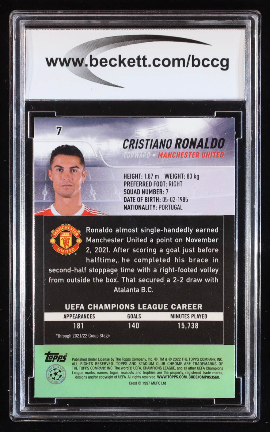 Cristiano Ronaldo 2021-22 Stadium Club Chrome UEFA Champions League #7 (BCCG 10) at PristineAuction.com Cristiano Ronaldo 2021-22 Stadium Club Chrome UEFA Champions League #7 (BCCG 10) at PristineAuction.com