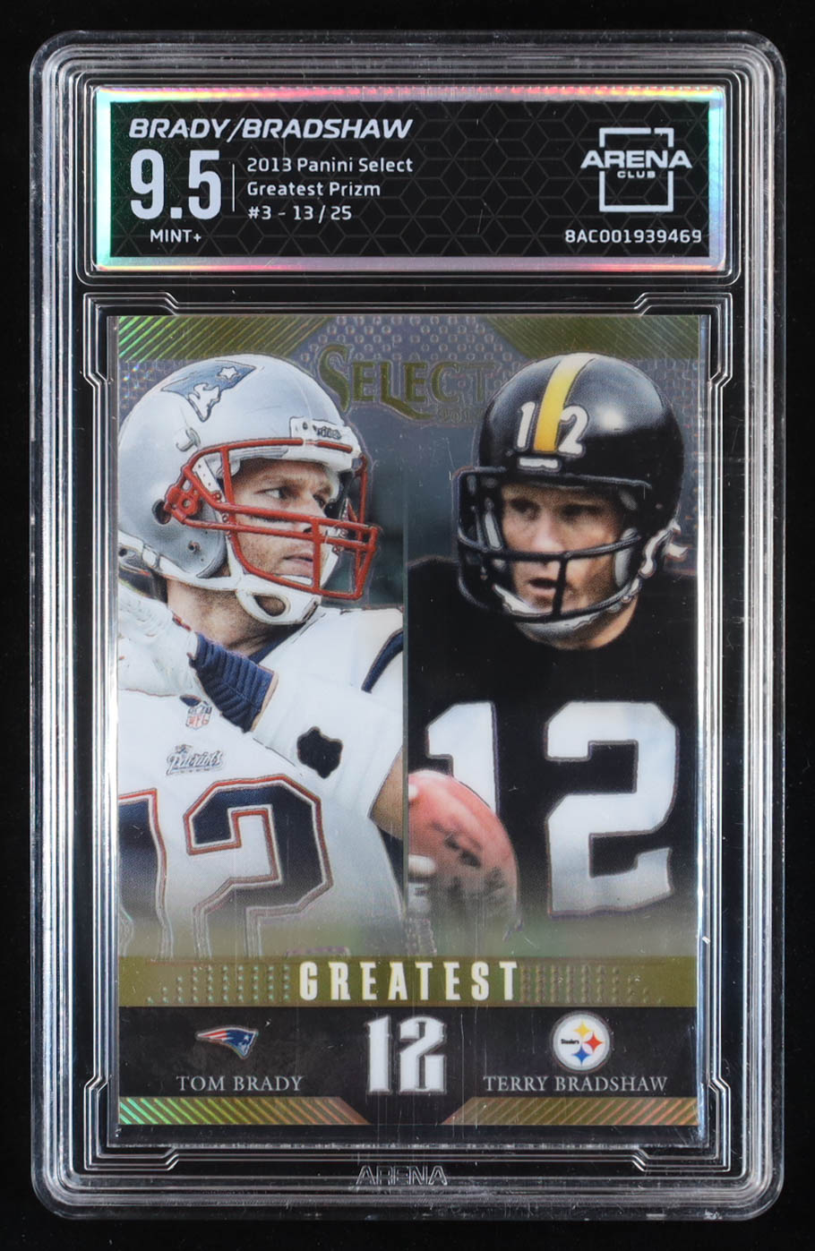 Terry Bradshaw / Tom Brady 2013 Select Greatest Prizm #3 (Arena 9.5) at PristineAuction.com Terry Bradshaw / Tom Brady 2013 Select Greatest Prizm #3 (Arena 9.5) at PristineAuction.com