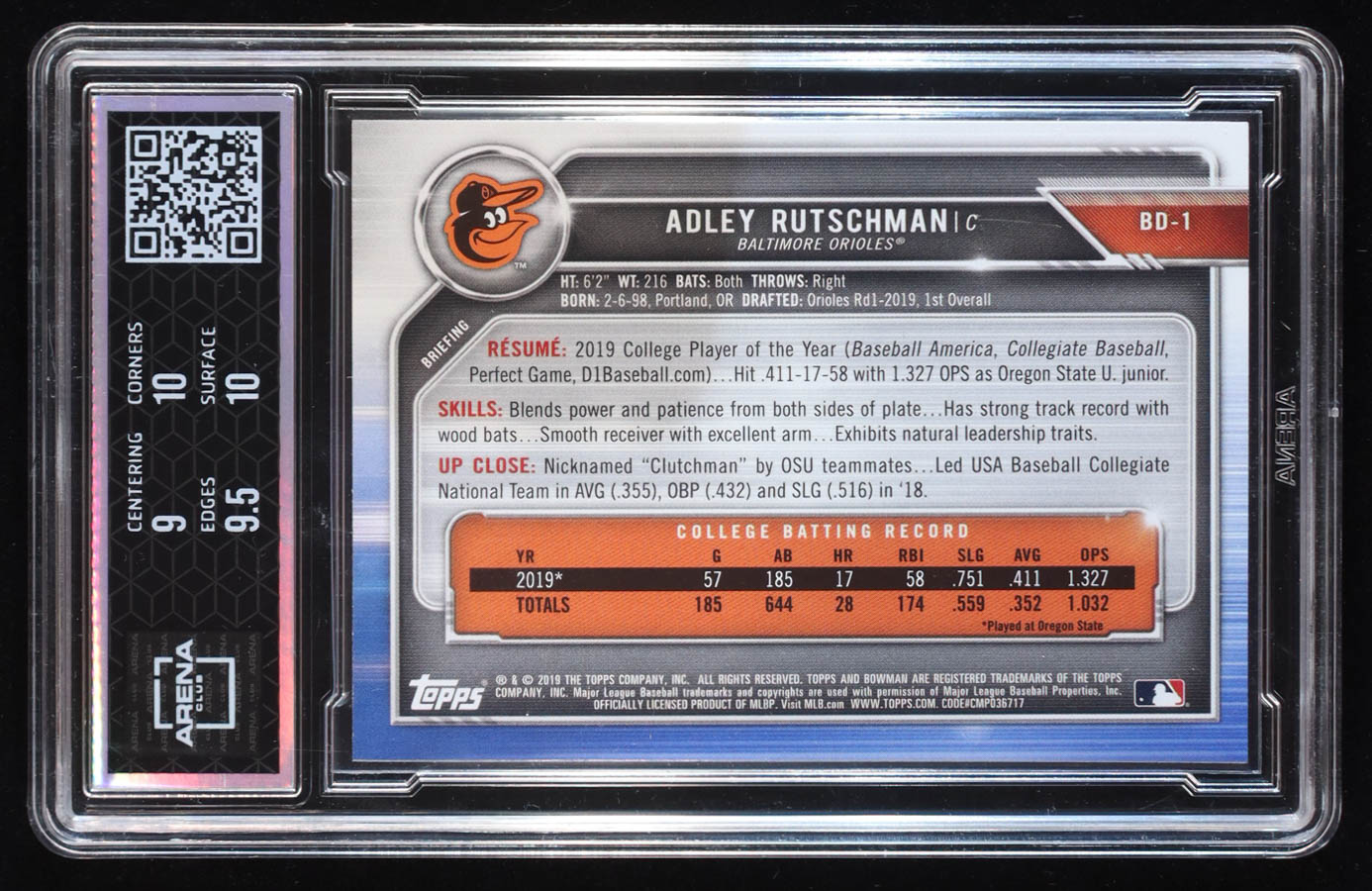 Adley Rutschman 2019 Bowman Draft #BD1 RC (Arena 9.5) at PristineAuction.com Adley Rutschman 2019 Bowman Draft #BD1 RC (Arena 9.5) at PristineAuction.com