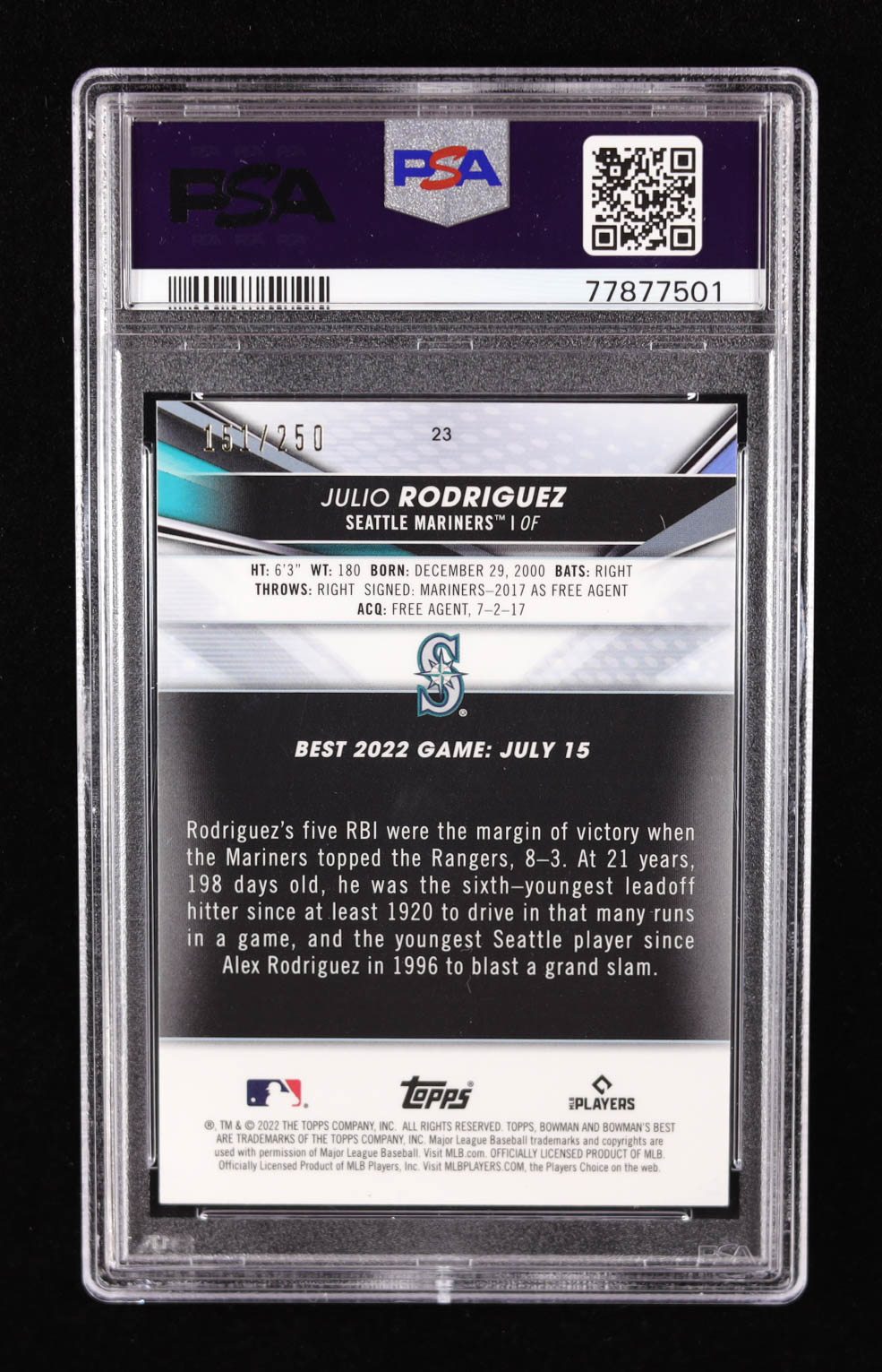 Julio Rodriguez 2022 Bowman's Best Purple Refractors #23 RC #151/250 (PSA 10) at PristineAuction.com Julio Rodriguez 2022 Bowman's Best Purple Refractors #23 RC #151/250 (PSA 10) at PristineAuction.com