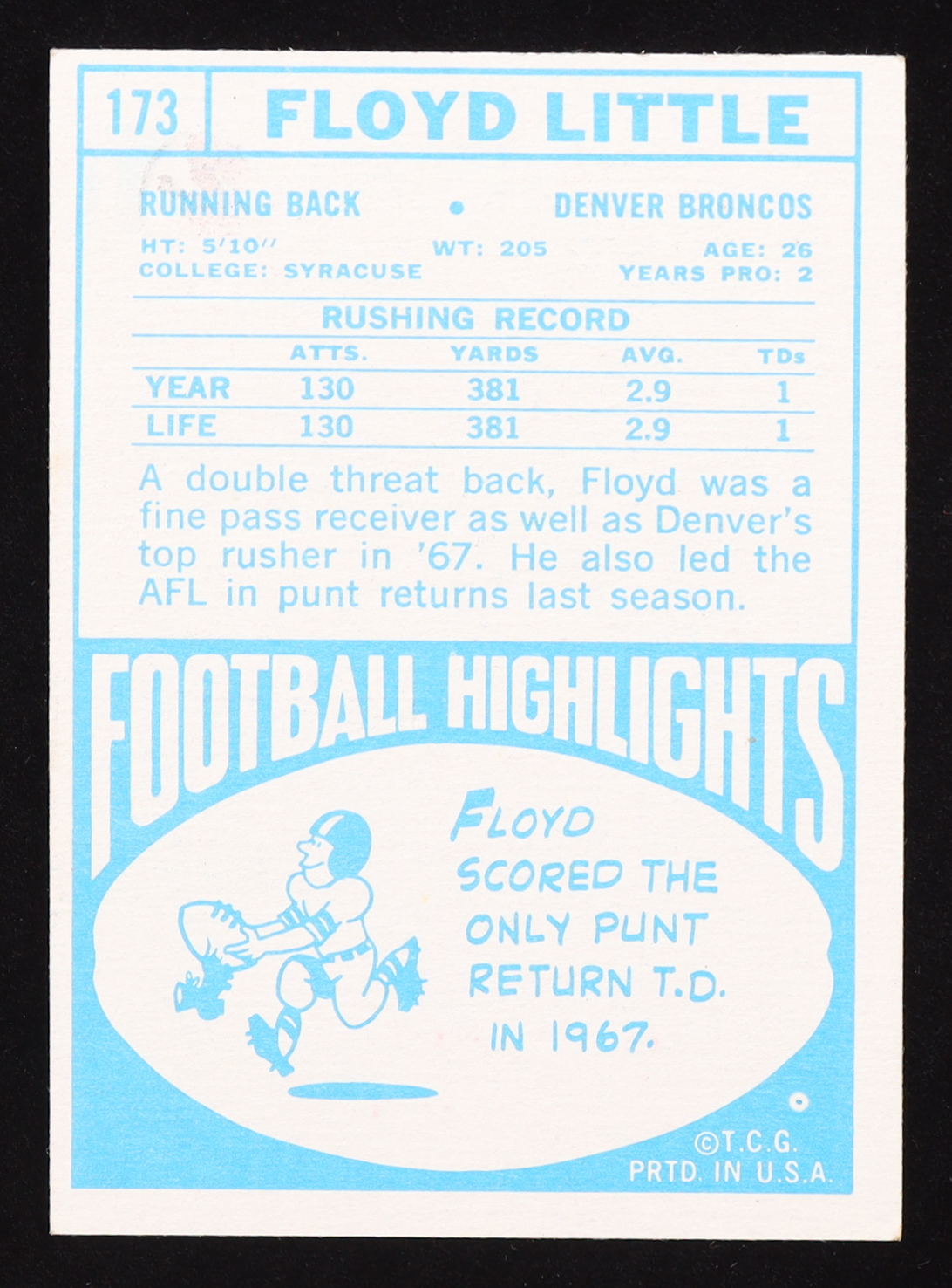 Floyd Little 1968 Topps #173 RC at PristineAuction.com Floyd Little 1968 Topps #173 RC at PristineAuction.com