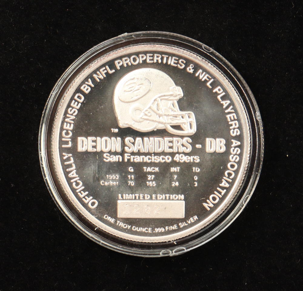 Deion Sanders LE The Highland Mint 1 Troy Oz .999 Fine Silver Commemorative Bullion Round at PristineAuction.com Deion Sanders LE The Highland Mint 1 Troy Oz .999 Fine Silver Commemorative Bullion Round at PristineAuction.com