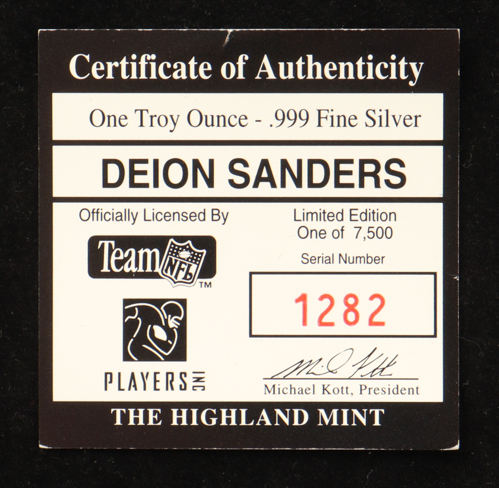 Deion Sanders LE The Highland Mint 1 Troy Oz .999 Fine Silver Commemorative Bullion Round at PristineAuction.com Deion Sanders LE The Highland Mint 1 Troy Oz .999 Fine Silver Commemorative Bullion Round at PristineAuction.com