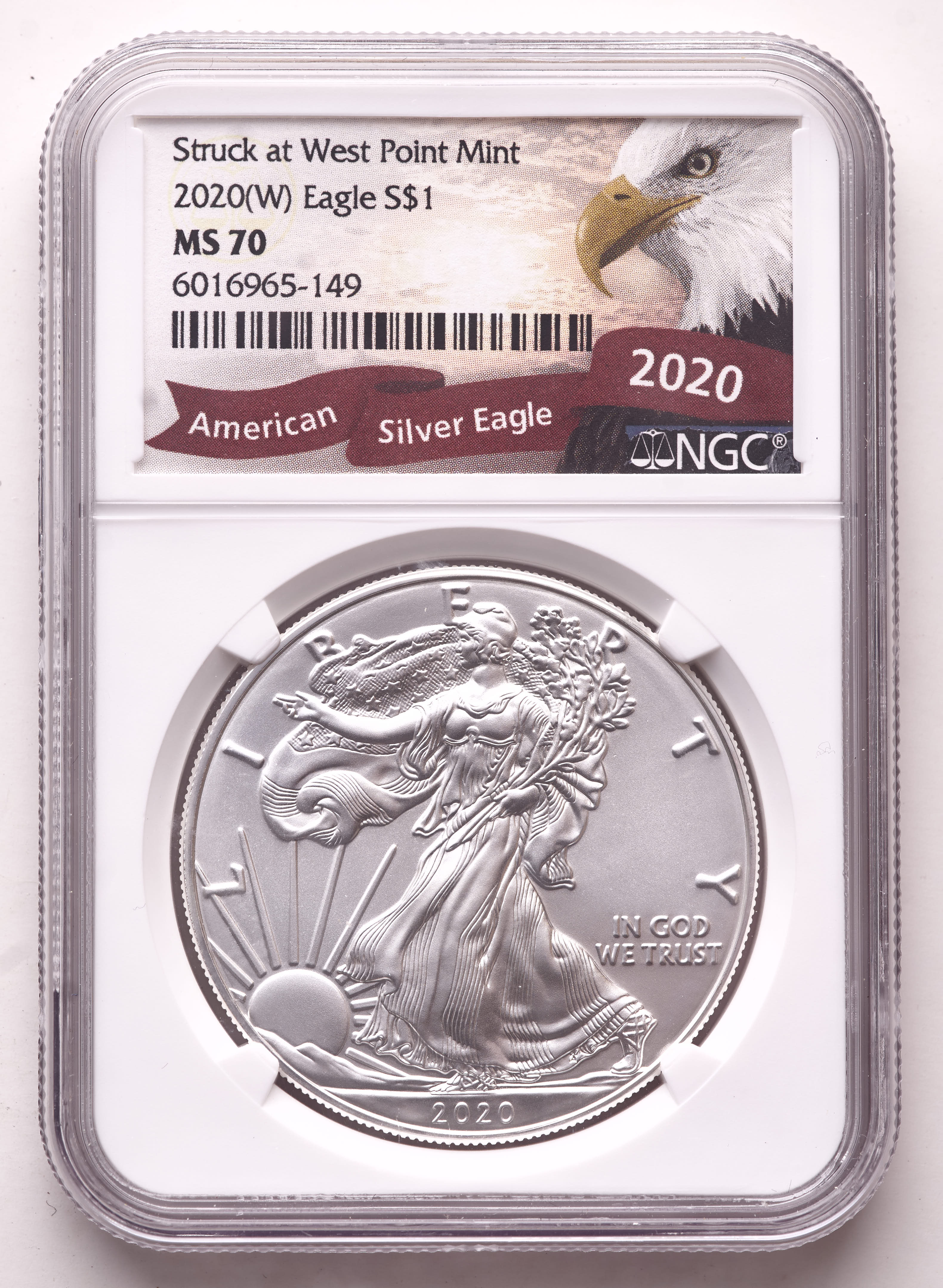 2020 American Silver Eagle $1 One Dollar Coin - Struck At West Point (NGC MS70) at PristineAuction.com 2020 American Silver Eagle $1 One Dollar Coin - Struck At West Point (NGC MS70) at PristineAuction.com