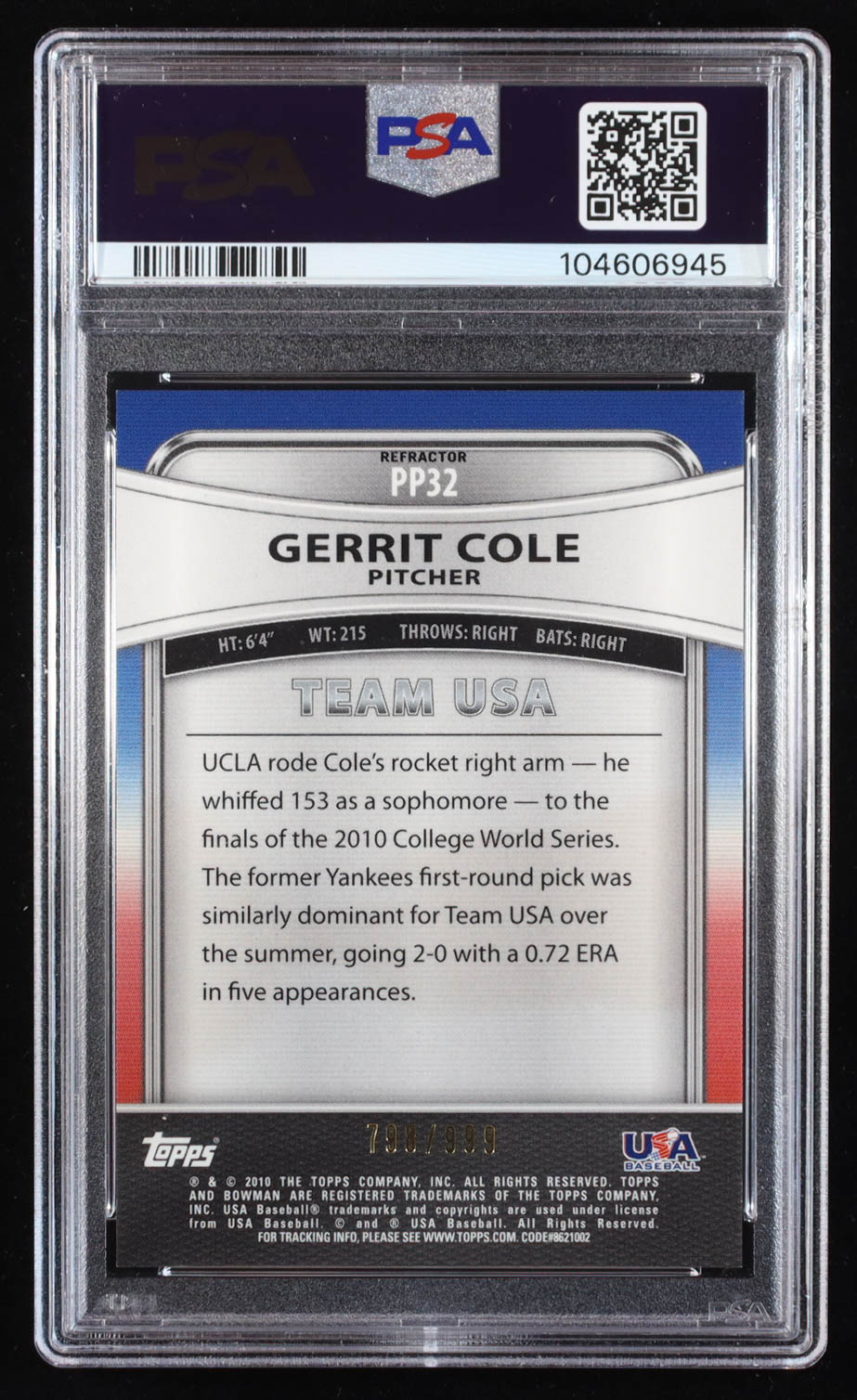 Gerrit Cole 2010 Bowman Platinum Prospects Refractors Thin Stock #PP32 RC #798/999 (PSA 8) at PristineAuction.com Gerrit Cole 2010 Bowman Platinum Prospects Refractors Thin Stock #PP32 RC #798/999 (PSA 8) at PristineAuction.com