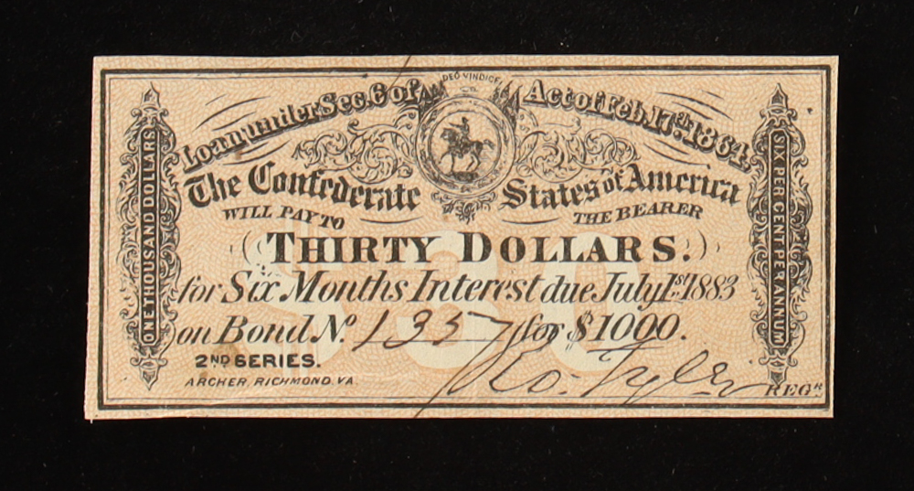 1864 $30 Thirty Dollars Confederate States of America Richmond CSA Second Series Bank Note Bond at PristineAuction.com 1864 $30 Thirty Dollars Confederate States of America Richmond CSA Second Series Bank Note Bond at PristineAuction.com