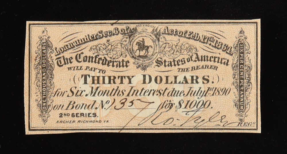 1864 $30 Thirty Dollars Confederate States of America Richmond CSA Second Series Bank Note Bond at PristineAuction.com 1864 $30 Thirty Dollars Confederate States of America Richmond CSA Second Series Bank Note Bond at PristineAuction.com