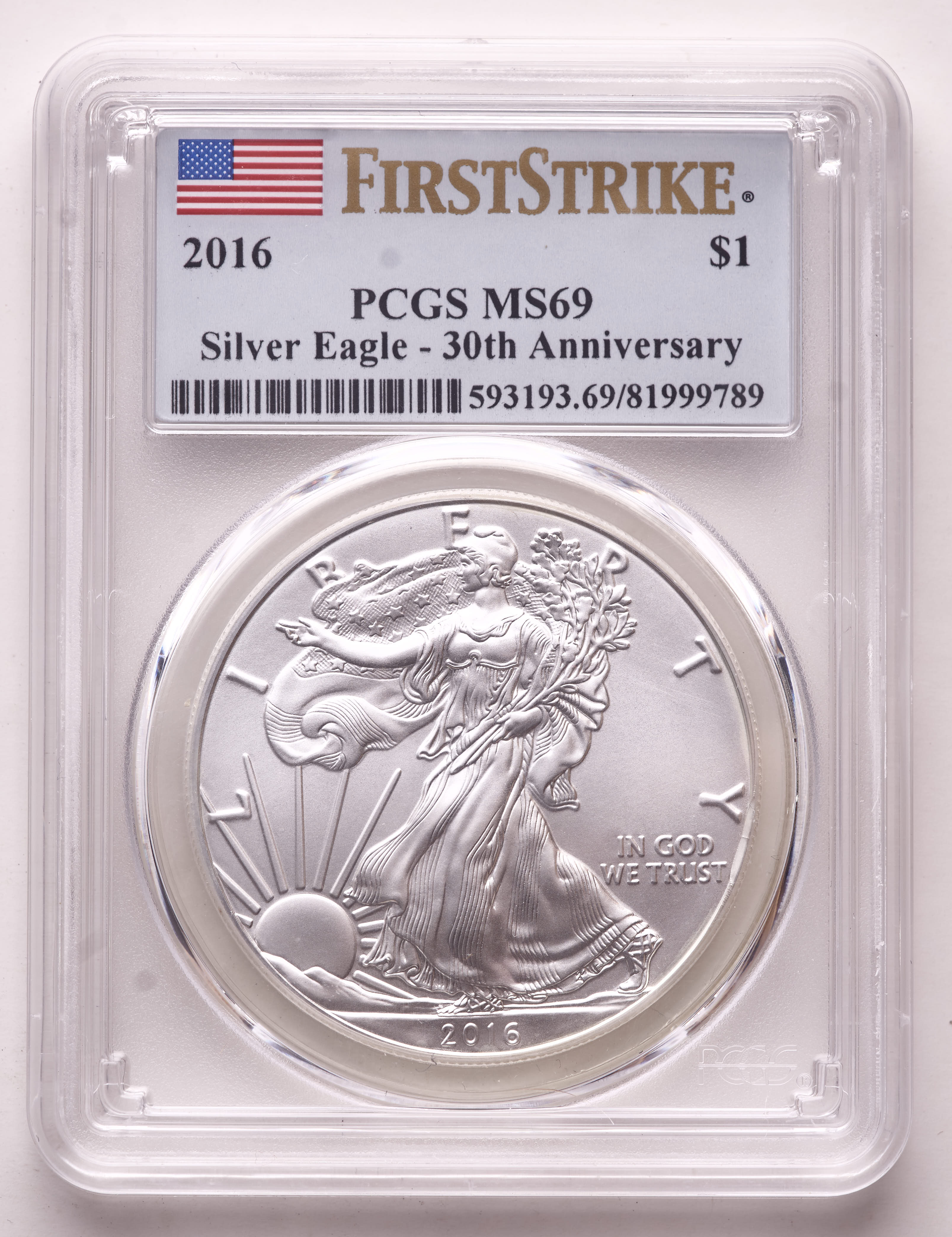 2016 American Silver Eagle $1 One Dollar Coin - First Strike, 30th Anniversary (PCGS MS69) at PristineAuction.com 2016 American Silver Eagle $1 One Dollar Coin - First Strike, 30th Anniversary (PCGS MS69) at PristineAuction.com
