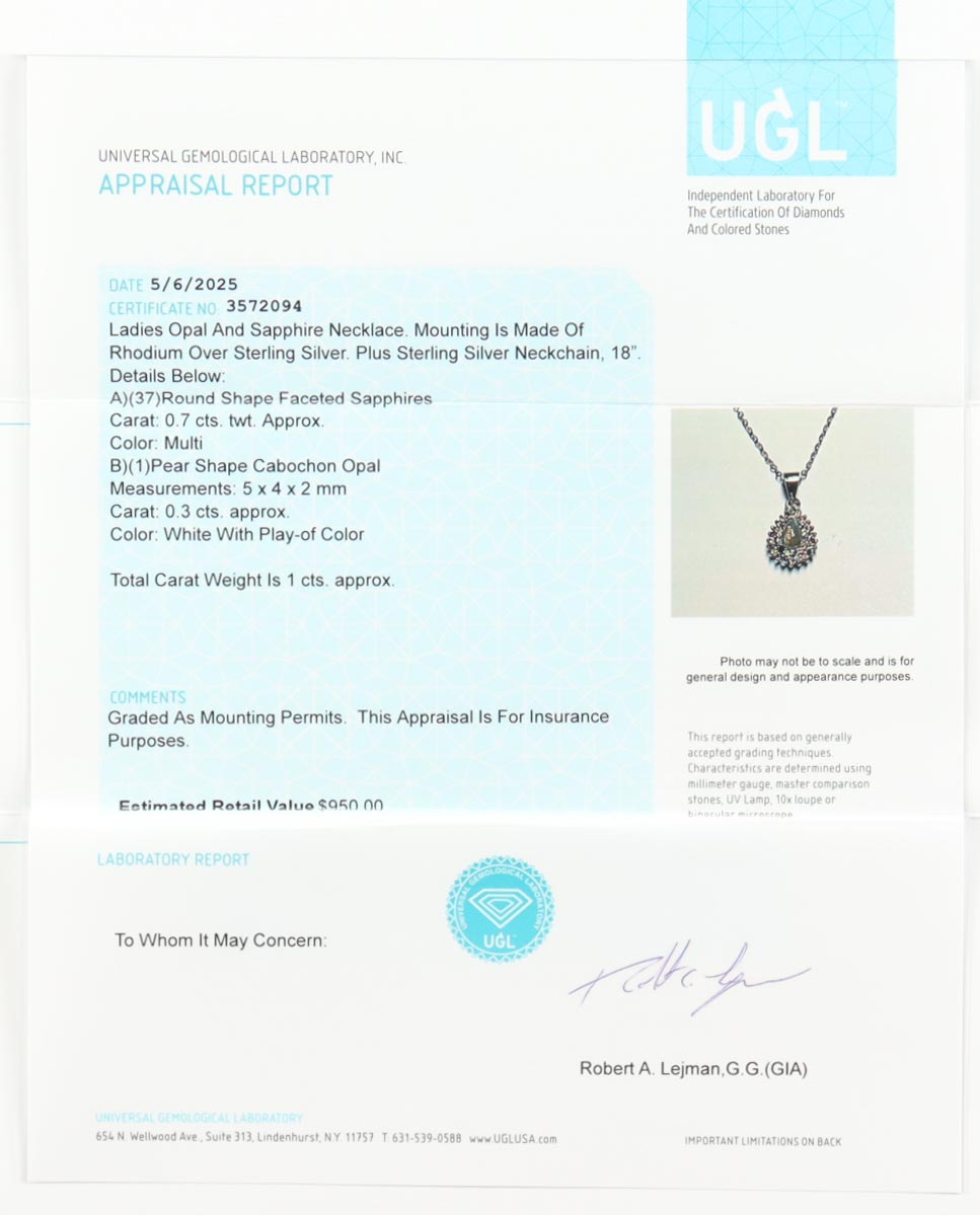 New 1 Carat Lab Grown Opal & Sapphire Necklace | Estimated Retail Value: $950.00 (UGL) at PristineAuction.com New 1 Carat Lab Grown Opal & Sapphire Necklace | Estimated Retail Value: $950.00 (UGL) at PristineAuction.com