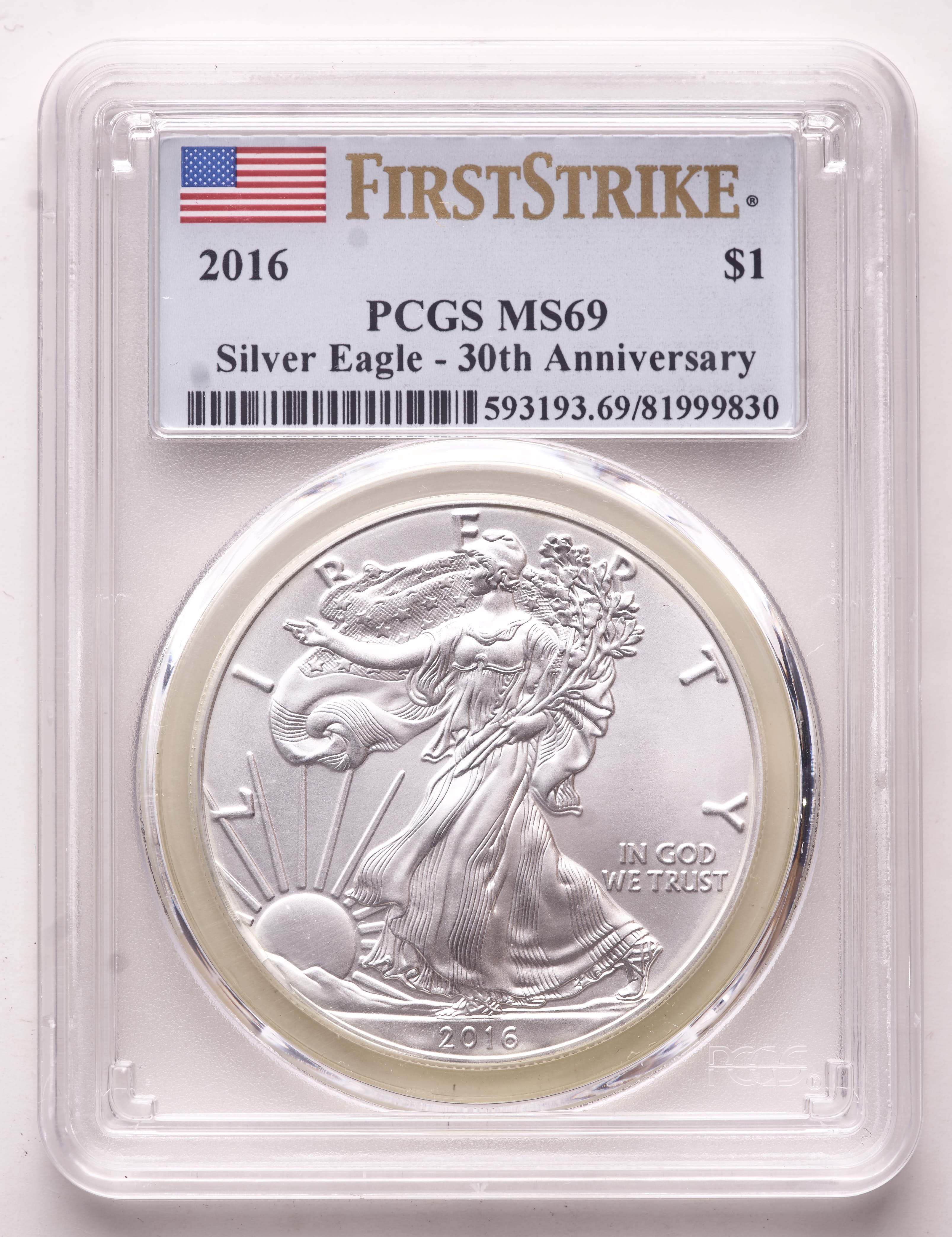 2016 American Silver Eagle $1 One Dollar Coin - First Strike, 30th Anniversary (PCGS MS69) at PristineAuction.com 2016 American Silver Eagle $1 One Dollar Coin - First Strike, 30th Anniversary (PCGS MS69) at PristineAuction.com
