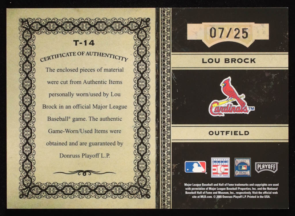 Lou Brock 2005 Prime Cuts Timeline Material Combo CY HR #T14 Bat-Jacket #07/25 at PristineAuction.com Lou Brock 2005 Prime Cuts Timeline Material Combo CY HR #T14 Bat-Jacket #07/25 at PristineAuction.com