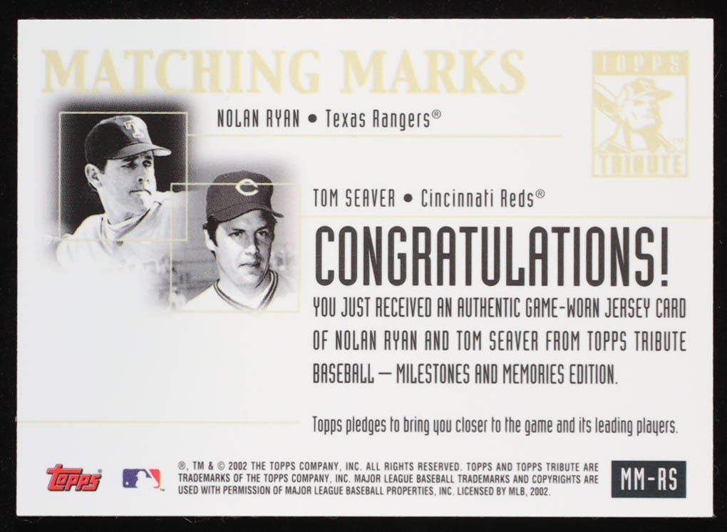 Nolan Ryan / Tom Seaver 2002 Topps Tribute Matching Marks Dual Relics #RS Jersey at PristineAuction.com Nolan Ryan / Tom Seaver 2002 Topps Tribute Matching Marks Dual Relics #RS Jersey at PristineAuction.com