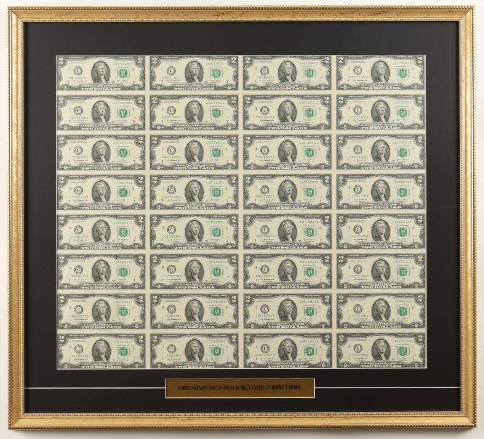 2013 $2 Two-Dollar U.S. Federal Reserve Notes Custom Framed Uncut Sheet of (32) Bills Display at PristineAuction.com 2013 $2 Two-Dollar U.S. Federal Reserve Notes Custom Framed Uncut Sheet of (32) Bills Display at PristineAuction.com