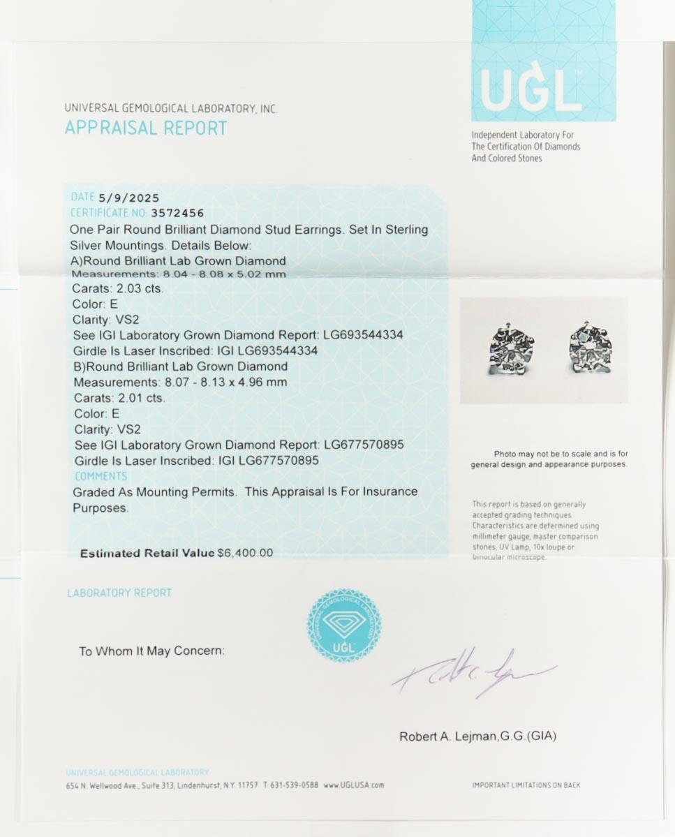 New 4.04 Carats Lab Grown Pair Of Round Brilliant Diamond Stud Earrings | Estimated Retail Value: $6,400.00 (UGL & IGI) at PristineAuction.com New 4.04 Carats Lab Grown Pair Of Round Brilliant Diamond Stud Earrings | Estimated Retail Value: $6,400.00 (UGL & IGI) at PristineAuction.com