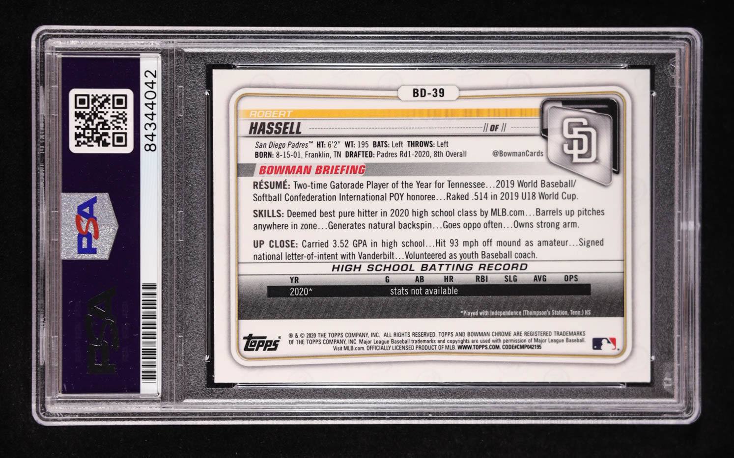 Robert Hassell Signed 2020 Bowman Chrome Draft #BD39 (PSA Authentic) at PristineAuction.com Robert Hassell Signed 2020 Bowman Chrome Draft #BD39 (PSA Authentic) at PristineAuction.com