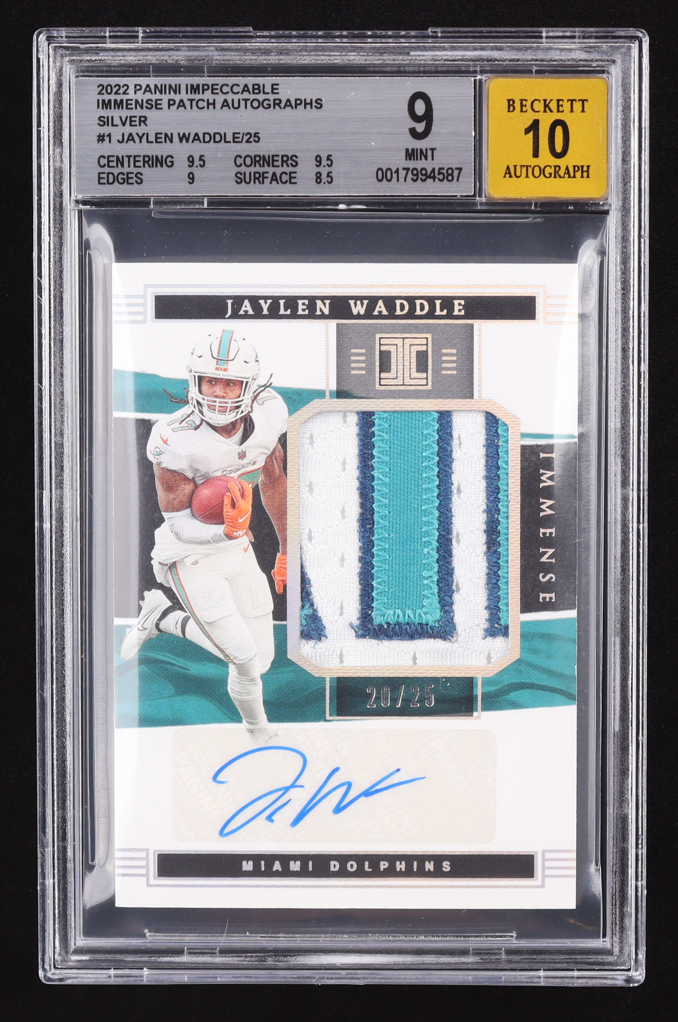Jaylen Waddle 2022 Panini Impeccable Immense Patch Autographs Silver #1 #20/25 (BGS 9 | Auto Grade BGS 10) at PristineAuction.com Jaylen Waddle 2022 Panini Impeccable Immense Patch Autographs Silver #1 #20/25 (BGS 9 | Auto Grade BGS 10) at PristineAuction.com
