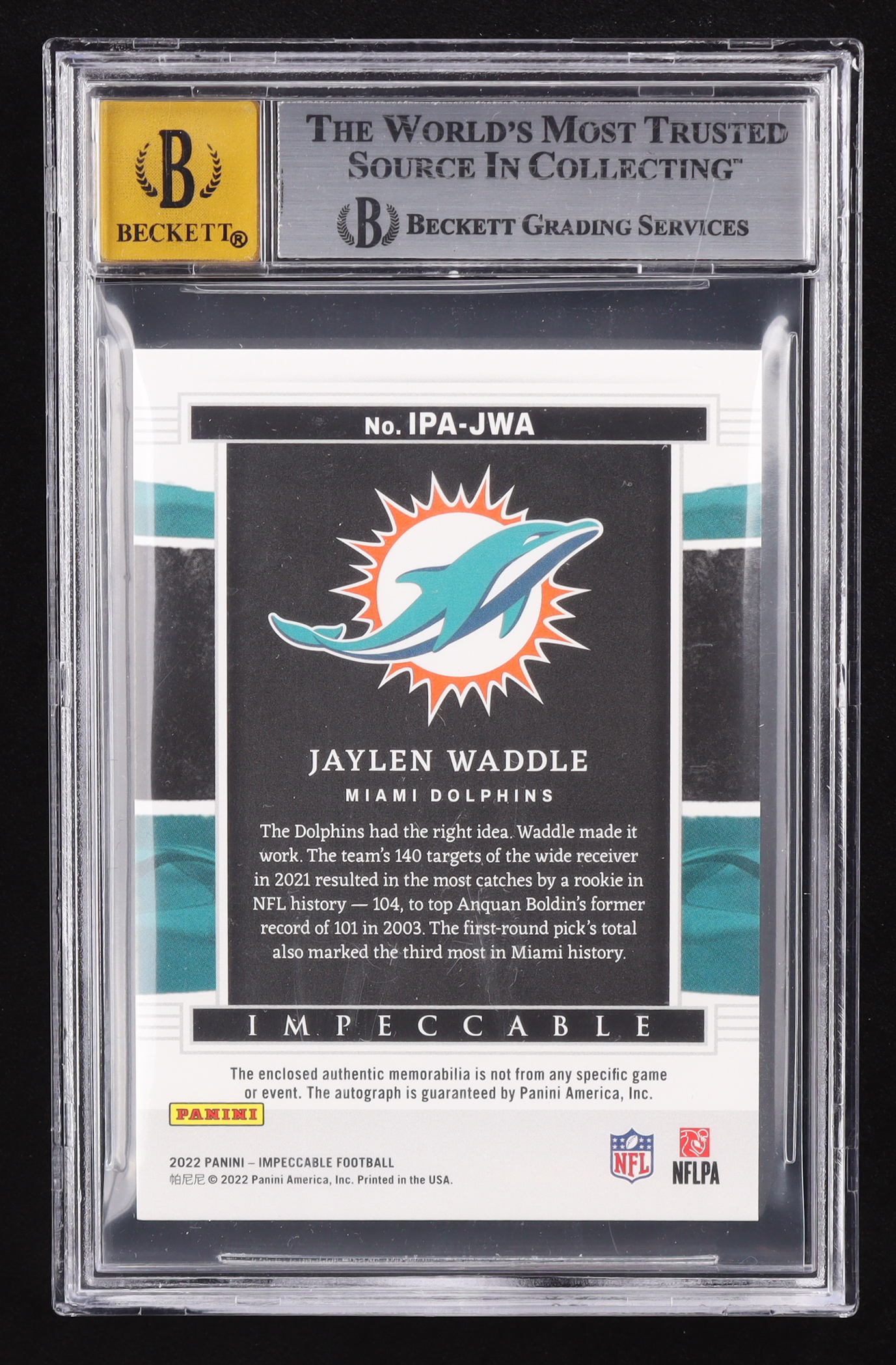 Jaylen Waddle 2022 Panini Impeccable Immense Patch Autographs Silver #1 #20/25 (BGS 9 | Auto Grade BGS 10) at PristineAuction.com Jaylen Waddle 2022 Panini Impeccable Immense Patch Autographs Silver #1 #20/25 (BGS 9 | Auto Grade BGS 10) at PristineAuction.com