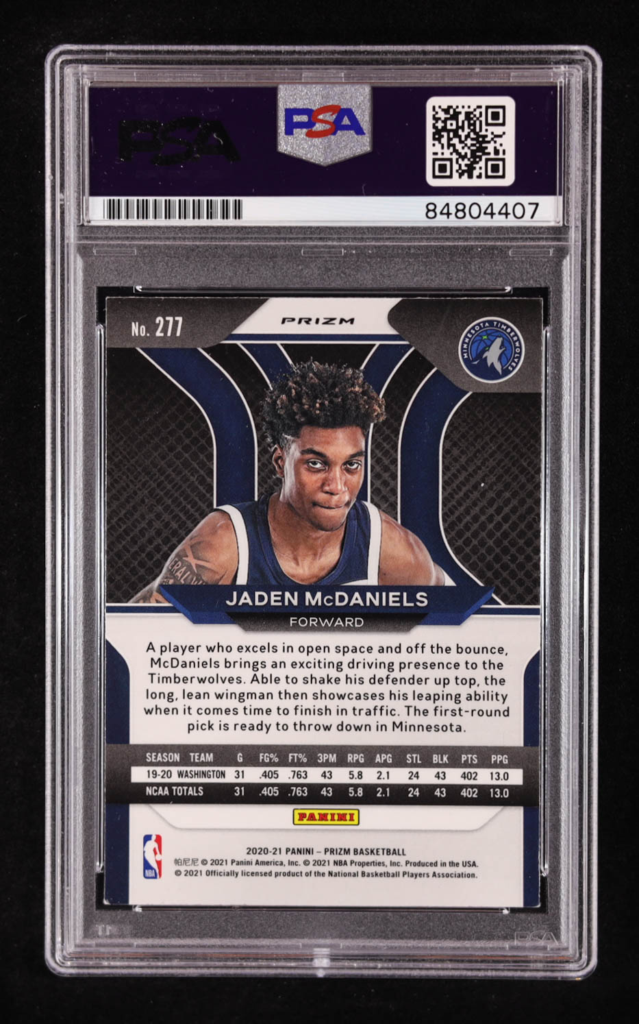 Jaden McDaniels Signed 2020-21 Panini Prizm Prizms Red Ice #277 RC (PSA Authentic) at PristineAuction.com Jaden McDaniels Signed 2020-21 Panini Prizm Prizms Red Ice #277 RC (PSA Authentic) at PristineAuction.com