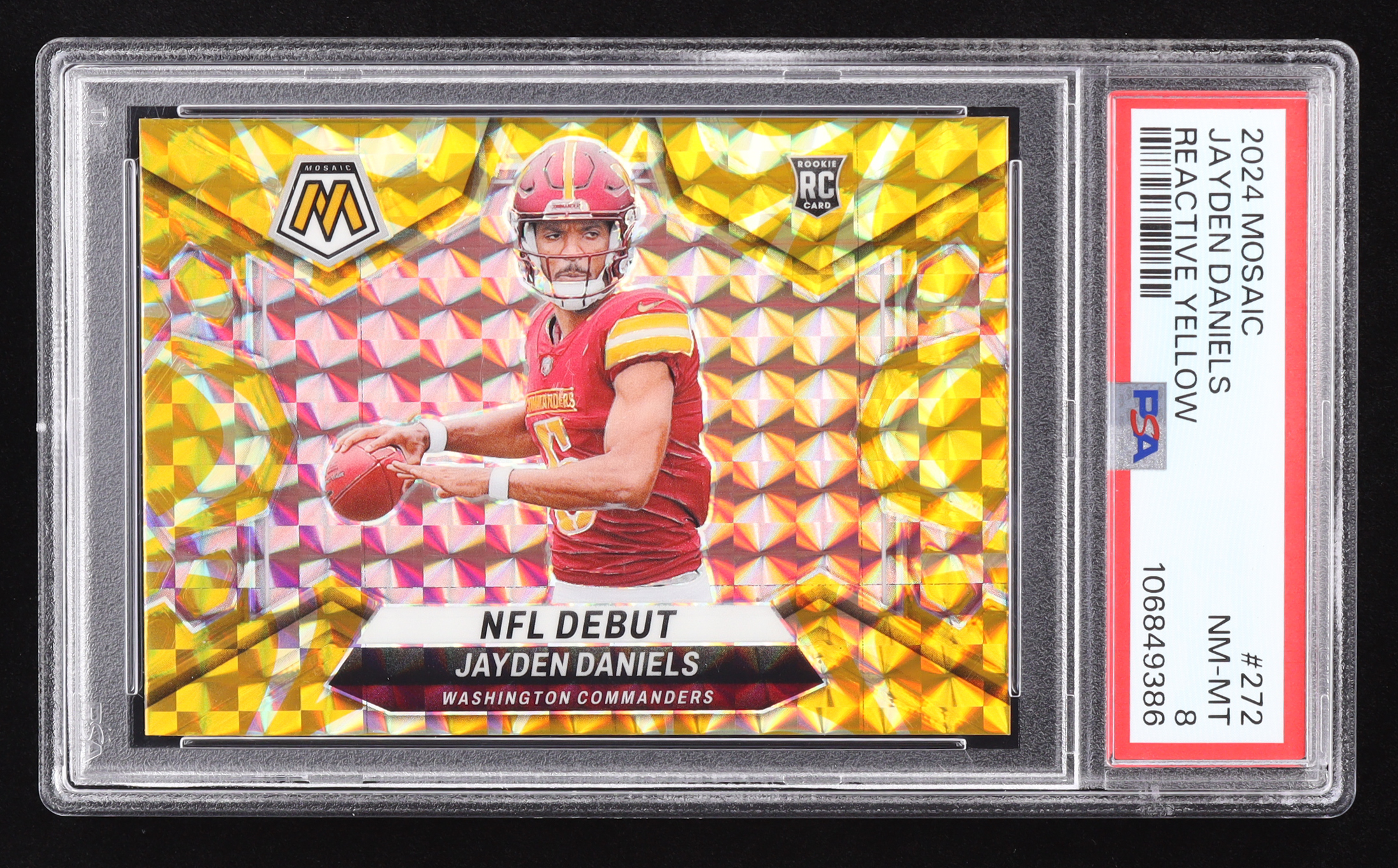 Jayden Daniels 2024 Panini Mosaic Mosaic Reactive Yellow #272 DEB RC (PSA 8) at PristineAuction.com Jayden Daniels 2024 Panini Mosaic Mosaic Reactive Yellow #272 DEB RC (PSA 8) at PristineAuction.com