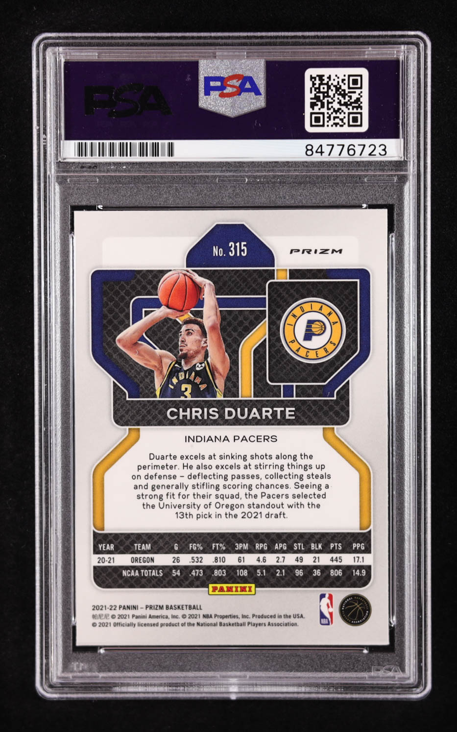 Chris Duarte Signed 2021-22 Panini Prizm Prizms NBA 75th Anniversary #315 RC (PSA 10) at PristineAuction.com Chris Duarte Signed 2021-22 Panini Prizm Prizms NBA 75th Anniversary #315 RC (PSA 10) at PristineAuction.com