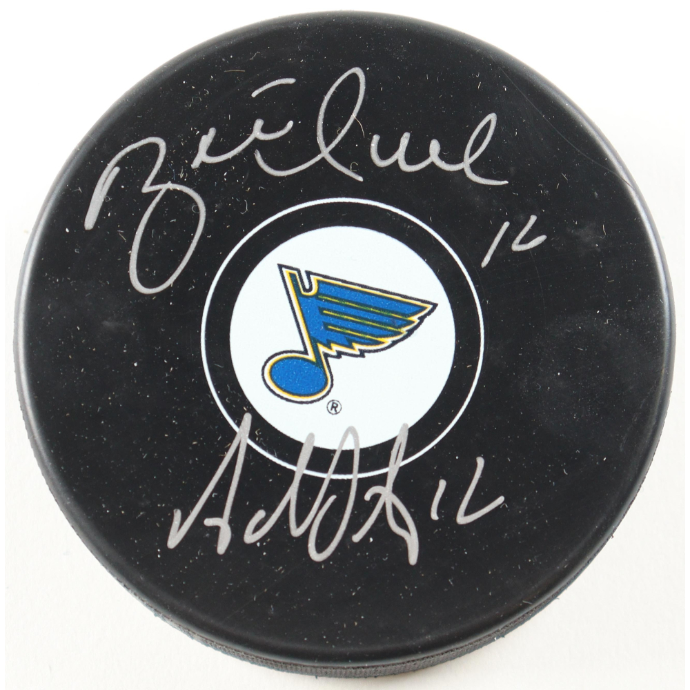 Brett Hull & Adam Oates Signed Blues Logo Hockey Puck (Premium Autographs) at PristineAuction.com