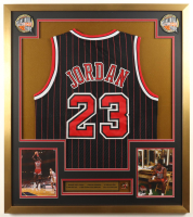 Michael Jordan Custom Framed Jersey Display With 5x NBA Championship Pin & (2) Two Cloth Hall Of Fame Logo Patches at PristineAuction.com