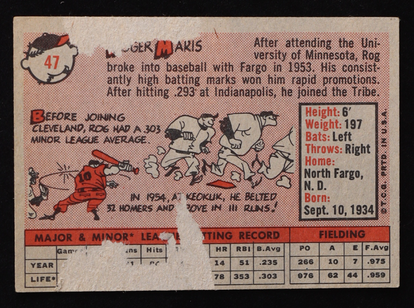 Roger Maris 1958 Topps #47 RC at PristineAuction.com Roger Maris 1958 Topps #47 RC at PristineAuction.com