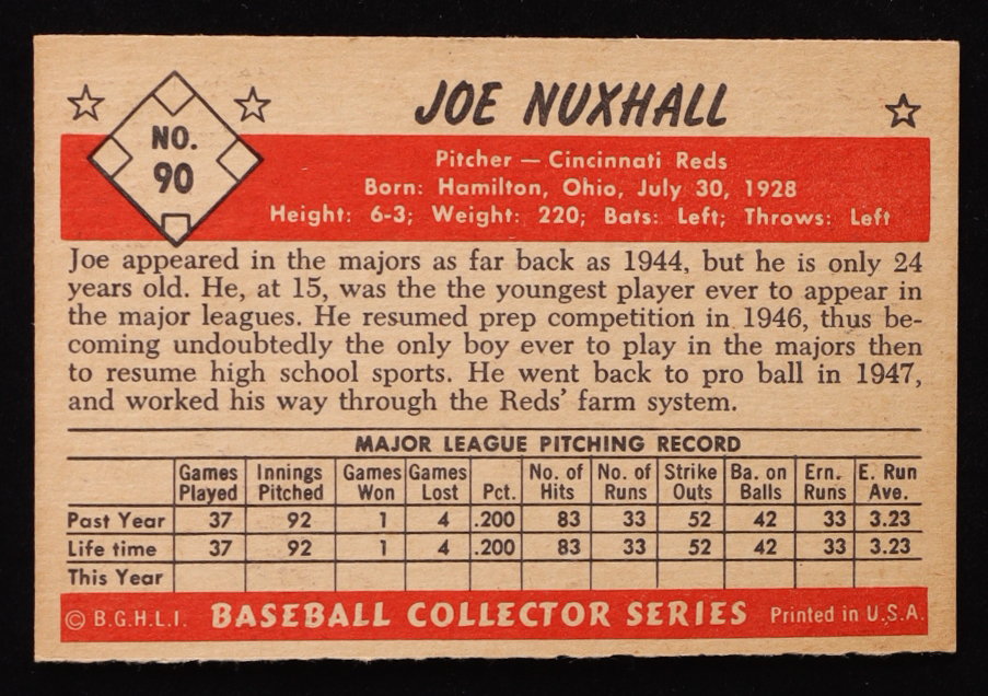 Joe Nuxhall 1953 Bowman Color #90 at PristineAuction.com Joe Nuxhall 1953 Bowman Color #90 at PristineAuction.com