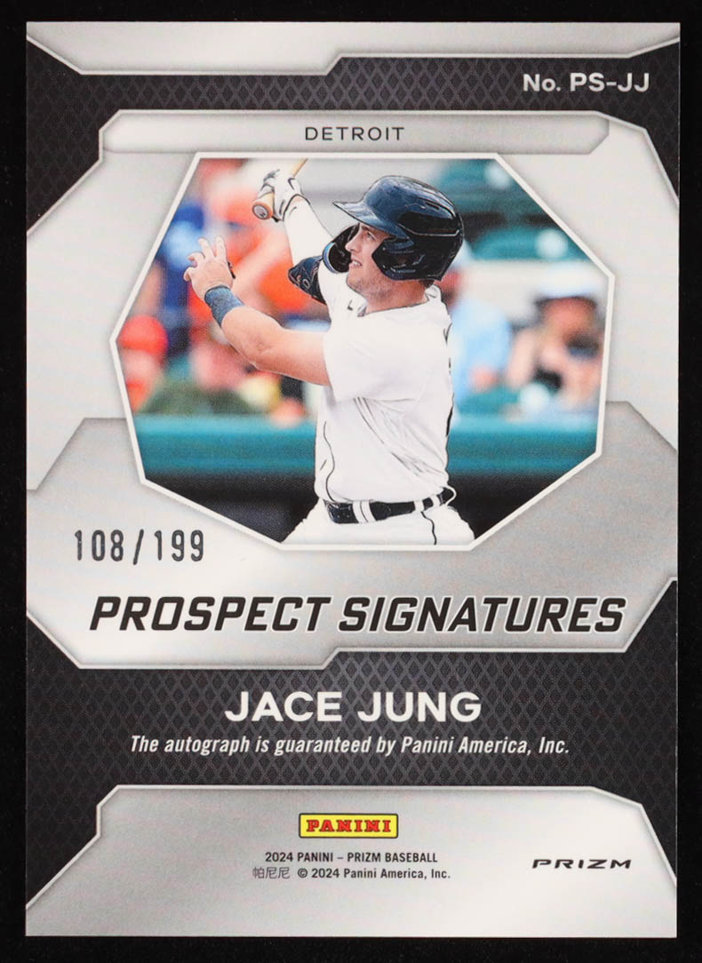 Jace Jung 2024 Panini Prizm Prospect Signatures Prizms Pulsar #27 RC #108/199 at PristineAuction.com Jace Jung 2024 Panini Prizm Prospect Signatures Prizms Pulsar #27 RC #108/199 at PristineAuction.com