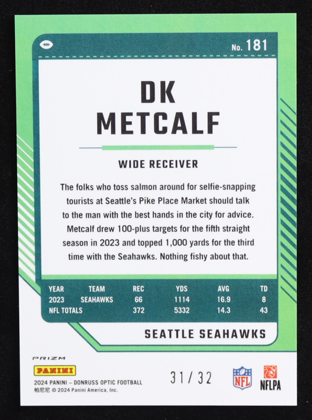 D.K. Metcalf 2024 Donruss Optic Team Logo #181 #31/32 at PristineAuction.com D.K. Metcalf 2024 Donruss Optic Team Logo #181 #31/32 at PristineAuction.com