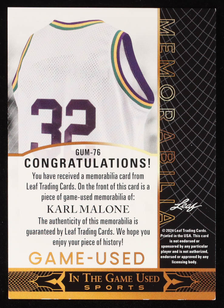Karl Malone 2024 Leaf In The Game Used Memorabilia #GUM76 at PristineAuction.com Karl Malone 2024 Leaf In The Game Used Memorabilia #GUM76 at PristineAuction.com
