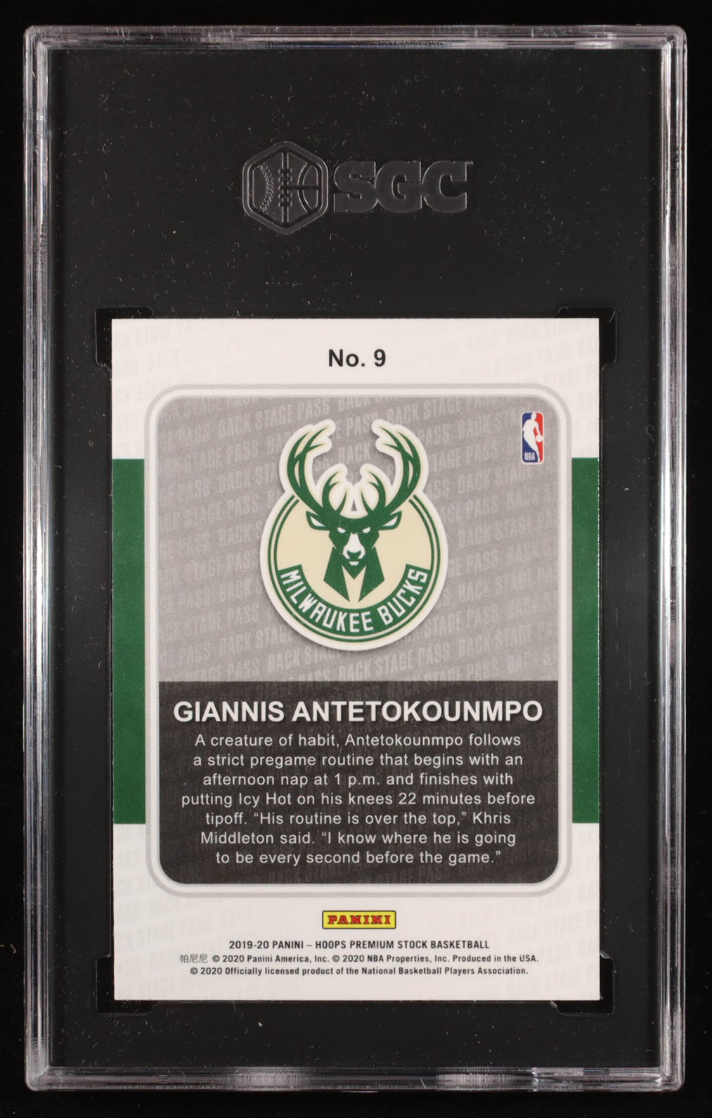 Giannis Antetokounmpo 2019-20 Hoops Premium Stock Back Stage Pass #9 (SGC 9.5) at PristineAuction.com Giannis Antetokounmpo 2019-20 Hoops Premium Stock Back Stage Pass #9 (SGC 9.5) at PristineAuction.com