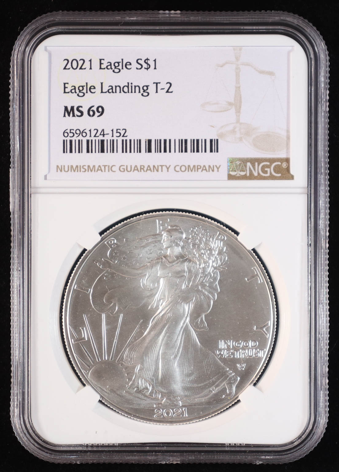 2021 Silver Eagle 1oz. Eagle Landing T-2 Fine Silver $1 Dollar Coin (NGC MS69) at PristineAuction.com 2021 Silver Eagle 1oz. Eagle Landing T-2 Fine Silver $1 Dollar Coin (NGC MS69) at PristineAuction.com