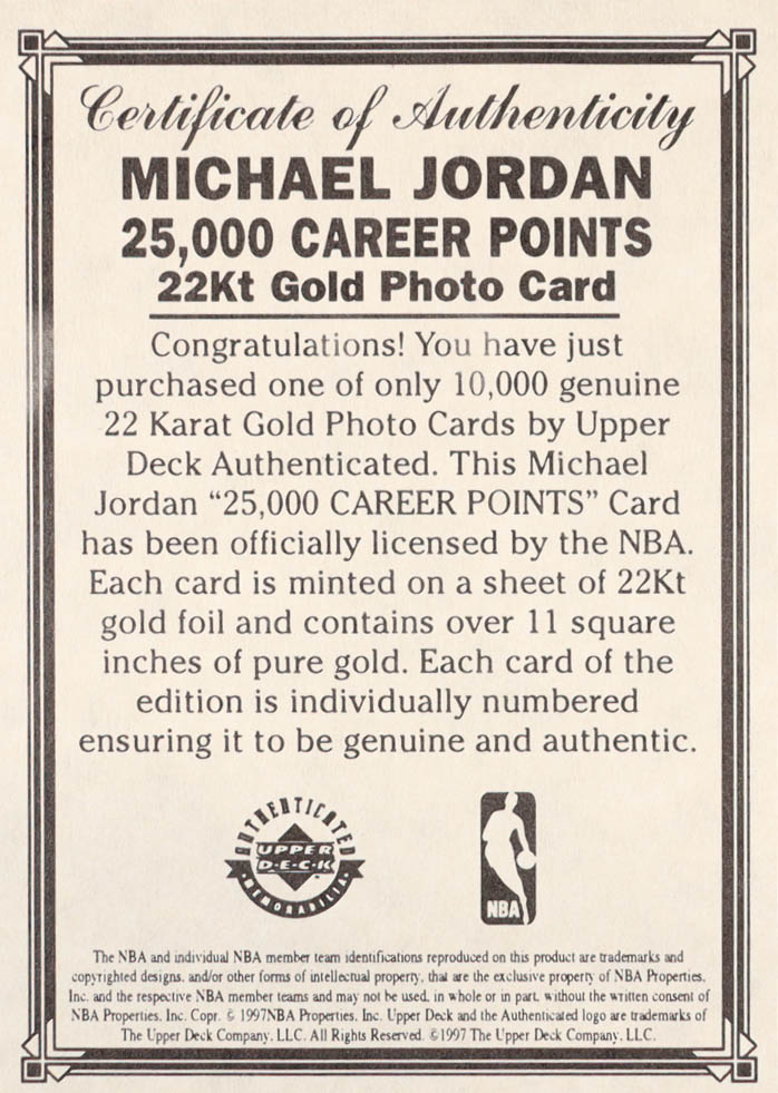 Michael Jordan 1996 Upper Deck 22K Gold Michael Jordan #NNO 25000 Career Points at PristineAuction.com Michael Jordan 1996 Upper Deck 22K Gold Michael Jordan #NNO 25000 Career Points at PristineAuction.com