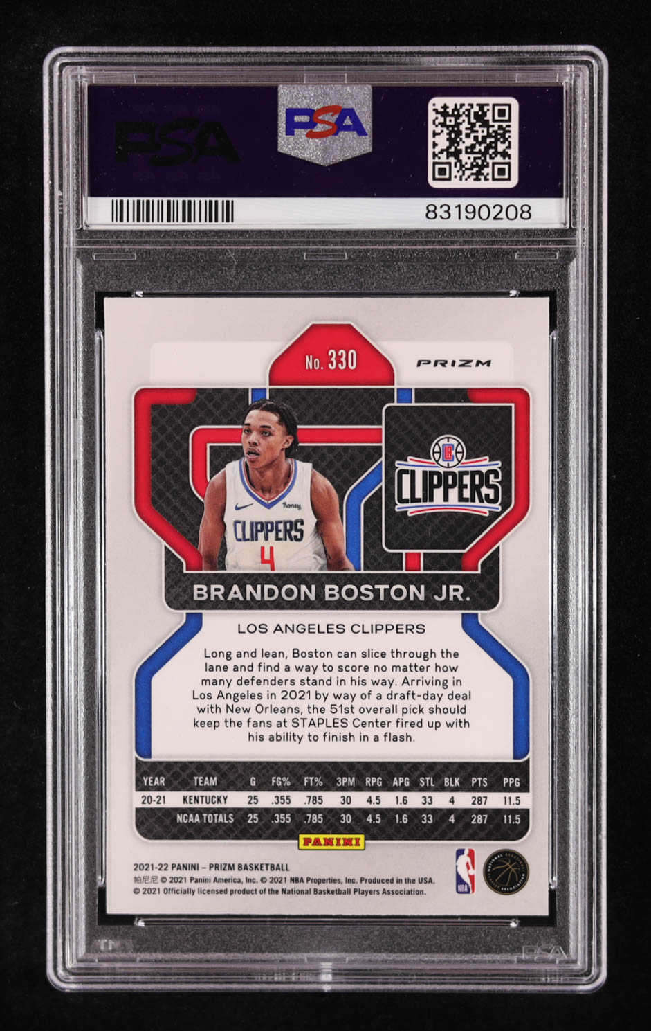 Brandon Boston Jr. Signed 2021-22 Panini Prizm Prizms NBA 75th Anniversary #330 RC (PSA Authentic) at PristineAuction.com Brandon Boston Jr. Signed 2021-22 Panini Prizm Prizms NBA 75th Anniversary #330 RC (PSA Authentic) at PristineAuction.com