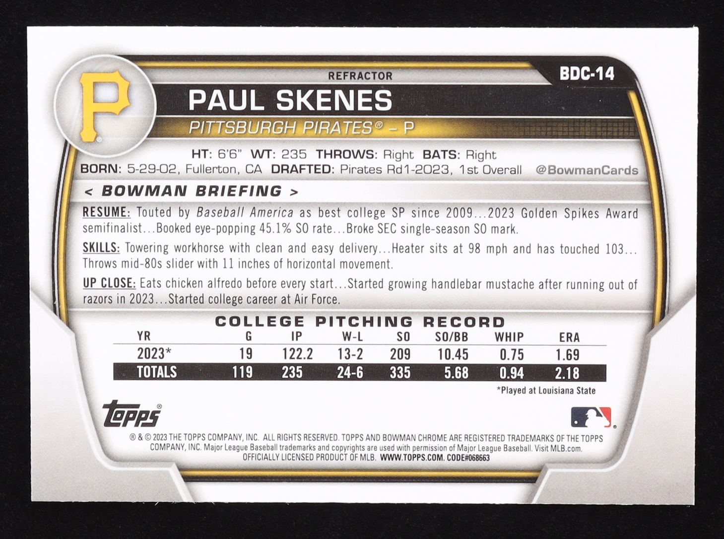 Paul Skenes 2023 Bowman Chrome Draft Refractors #BDC14 RC at PristineAuction.com Paul Skenes 2023 Bowman Chrome Draft Refractors #BDC14 RC at PristineAuction.com