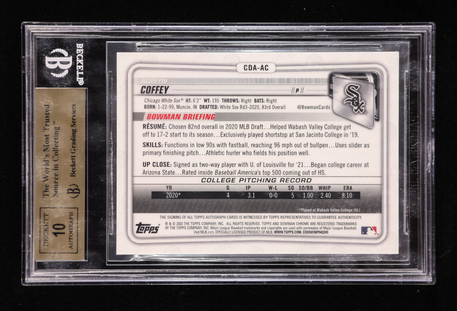 Adisyn Coffey 2020 Bowman Chrome Draft Autographs #CDAAC RC (BGS 10 | Autograph Grade 10) at PristineAuction.com Adisyn Coffey 2020 Bowman Chrome Draft Autographs #CDAAC RC (BGS 10 | Autograph Grade 10) at PristineAuction.com