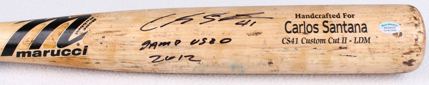 Carlos Santana Signed Custom Engraved Marucci Baseball Bat Inscribed "Game Used 2012" (Hollywood Collectibles COA) at PristineAuction.com Carlos Santana Signed Custom Engraved Marucci Baseball Bat Inscribed "Game Used 2012" (Hollywood Collectibles COA) at PristineAuction.com
