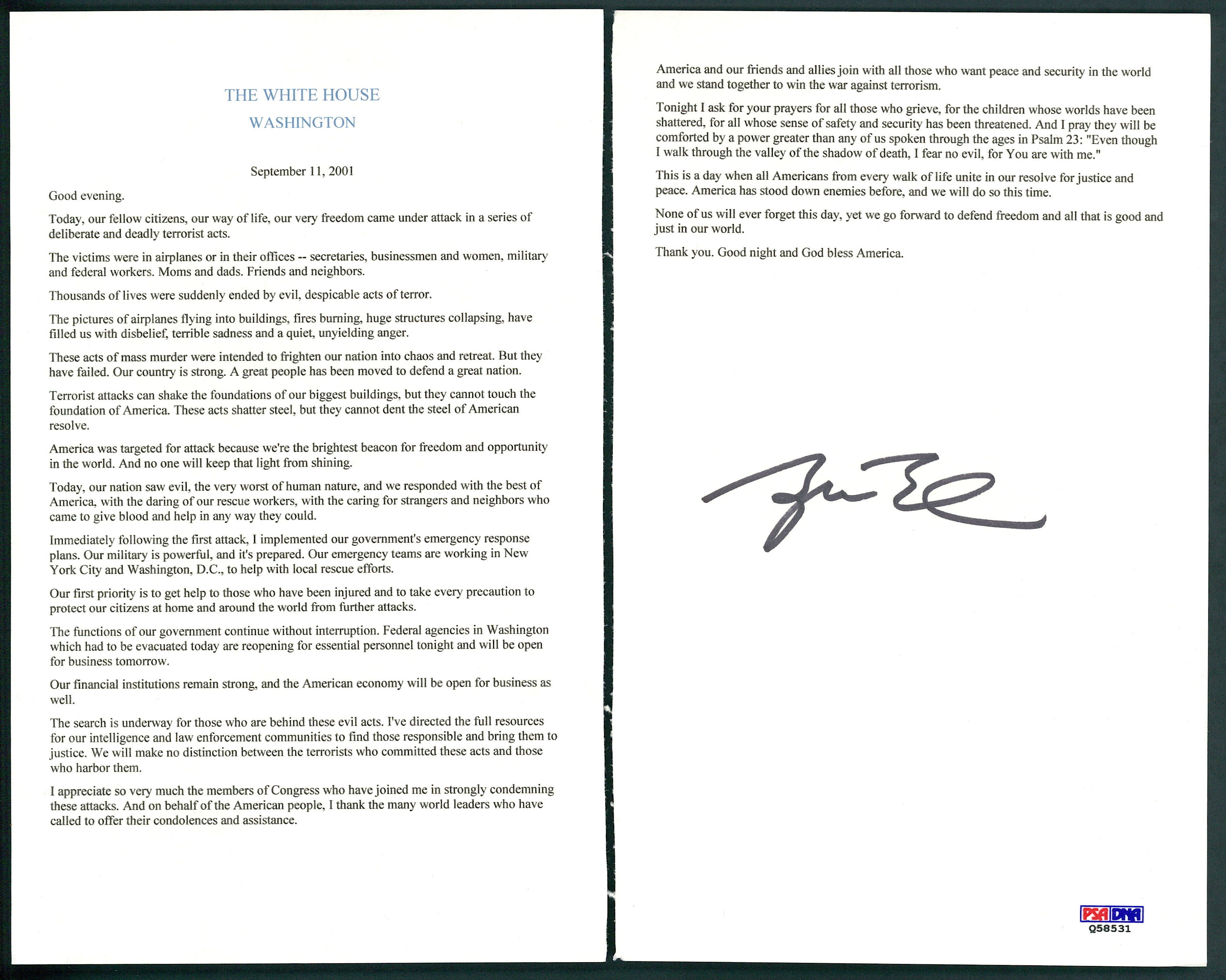 George W. Bush Signed 9/11 Speech (PSA COA) at PristineAuction.com George W. Bush Signed 9/11 Speech (PSA COA) at PristineAuction.com