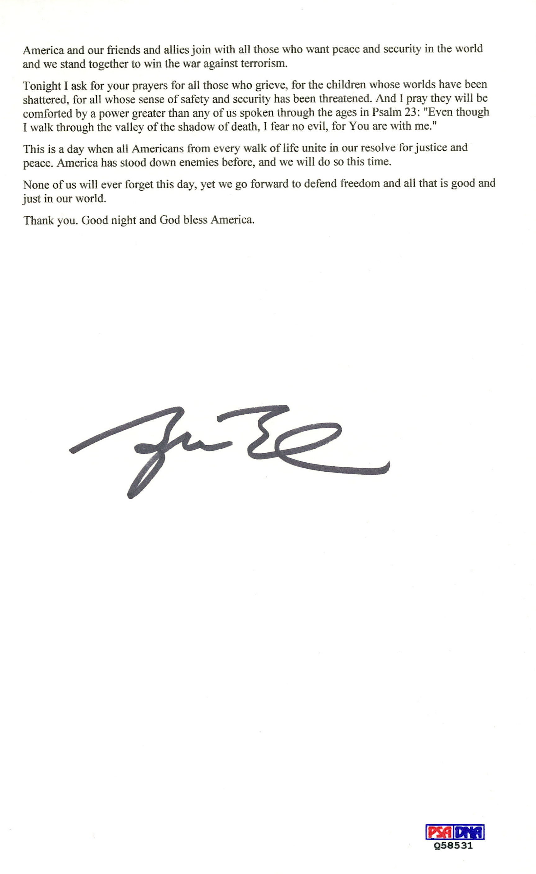 George W. Bush Signed 9/11 Speech (PSA COA) at PristineAuction.com George W. Bush Signed 9/11 Speech (PSA COA) at PristineAuction.com