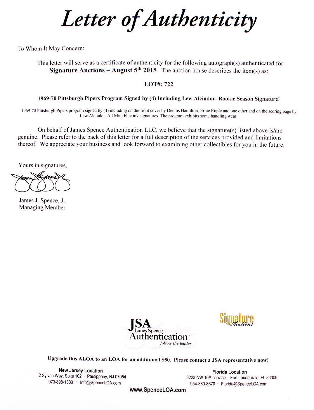 1969-70 Original Vintage Pipers Program Signed by (4) Including Lew Alcindor, Dennis Hamilton, Ernie Ruple (JSA ALOA) at PristineAuction.com 1969-70 Original Vintage Pipers Program Signed by (4) Including Lew Alcindor, Dennis Hamilton, Ernie Ruple (JSA ALOA) at PristineAuction.com